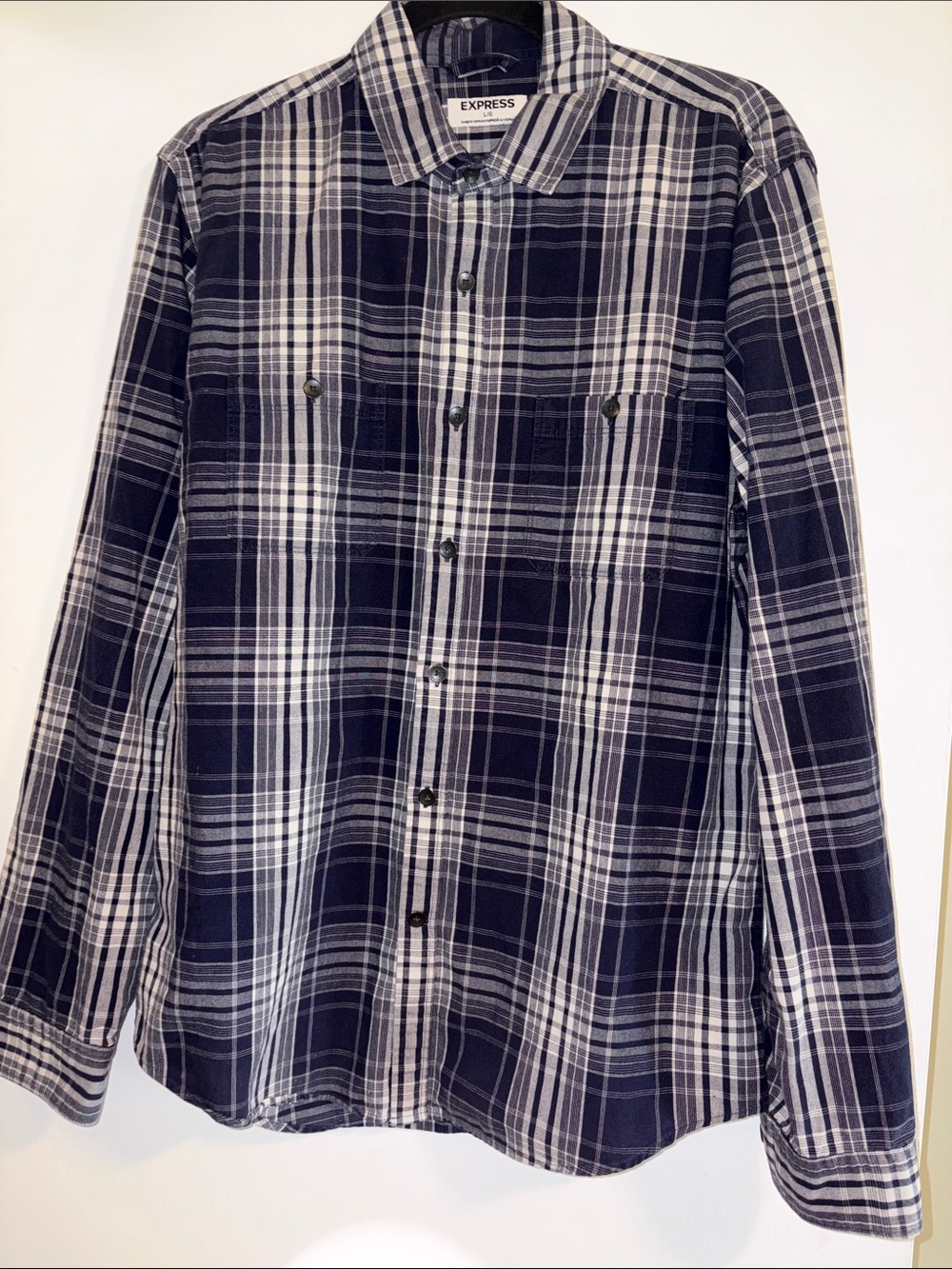Men’s Express Navy and White Plaid Button-Up Shirt
